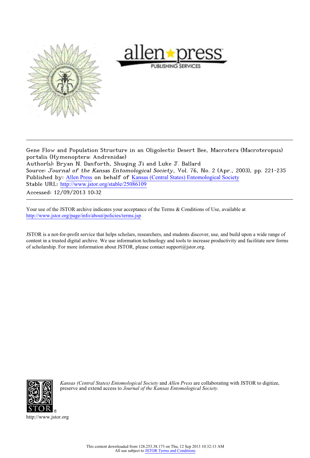 Gene Flow and Population Structure in an Oligolectic Desert Bee, Macrotera (Macroteropsis) Portalis (Hymenoptera: Andrenidae) Author(S): Bryan N