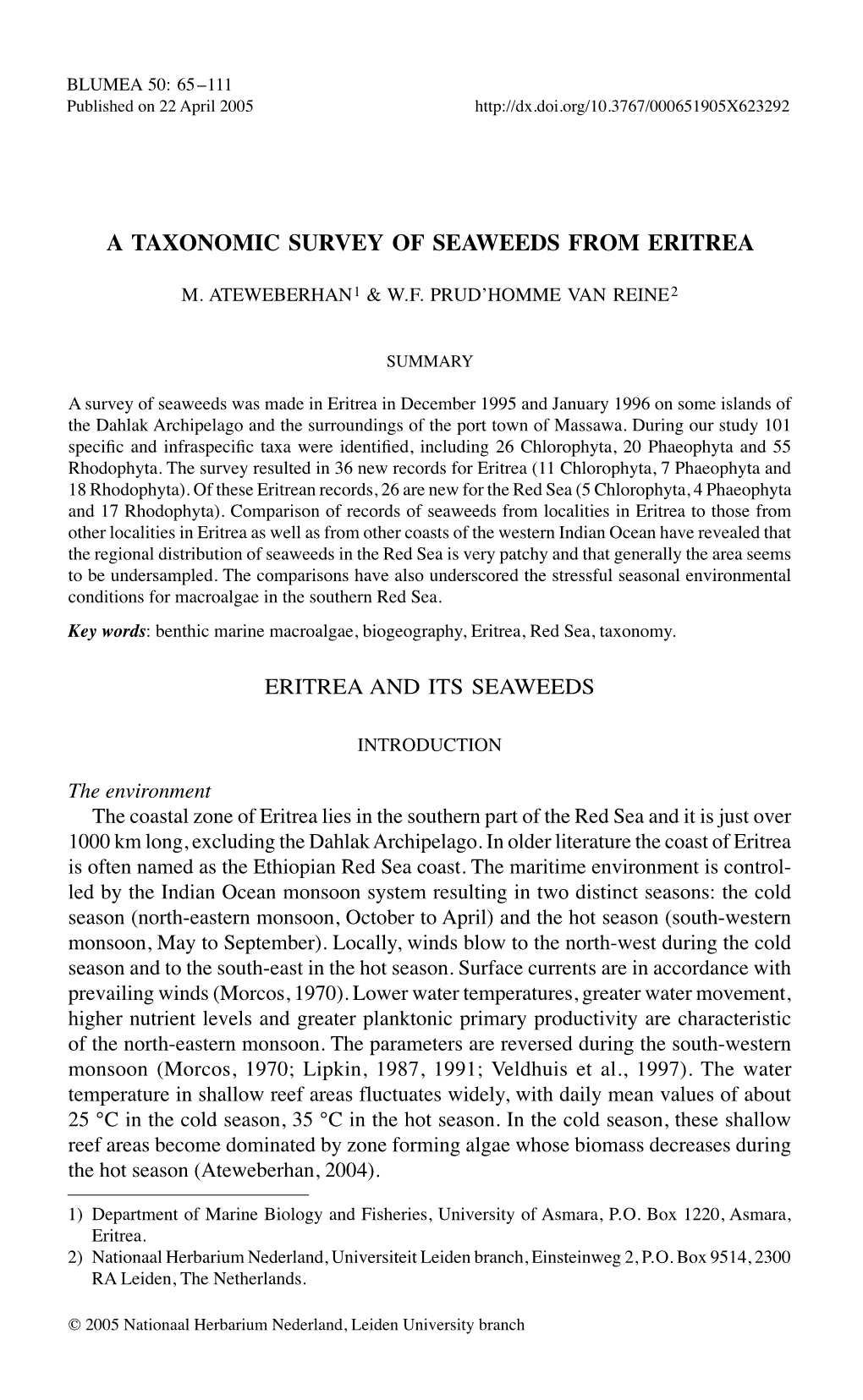 A Taxonomic Survey of Seaweeds from Eritrea