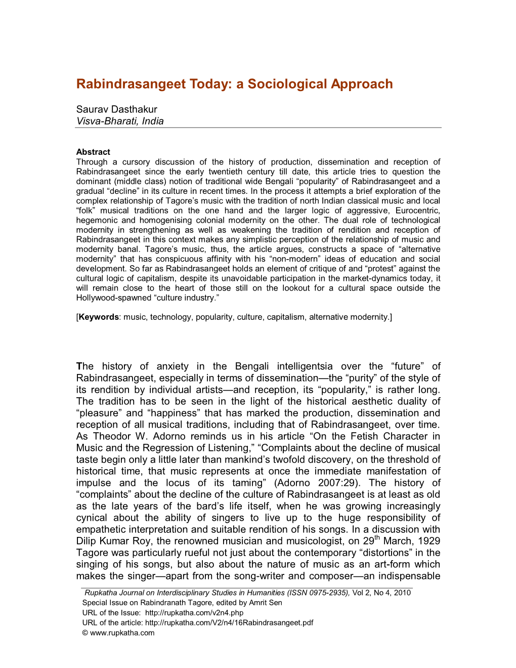 Rabindrasangeet Today: a Sociological Approach