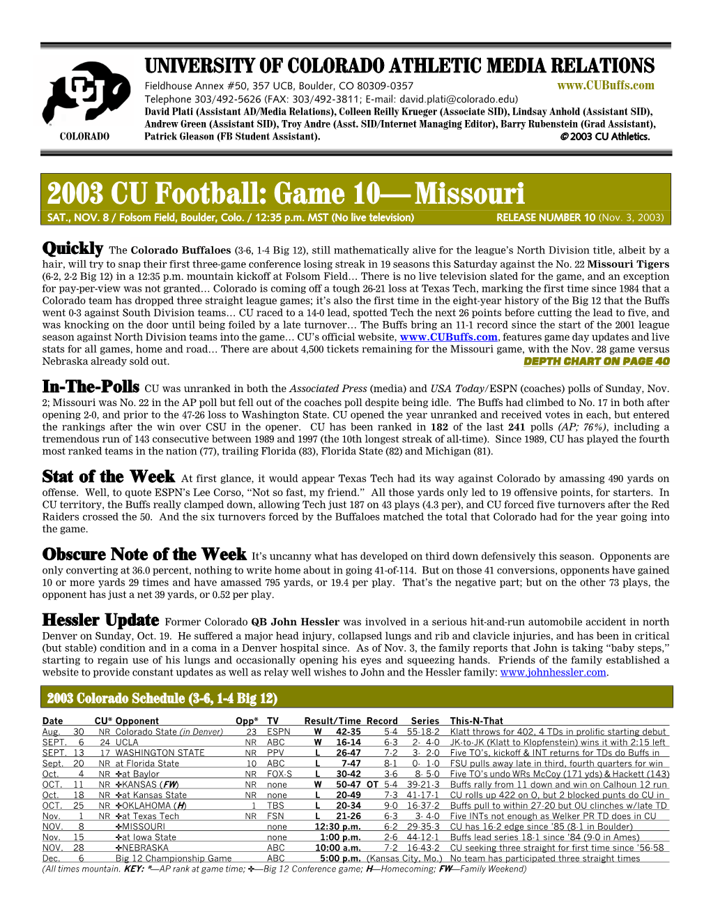 2003 CU Football: Game 10—Missouri