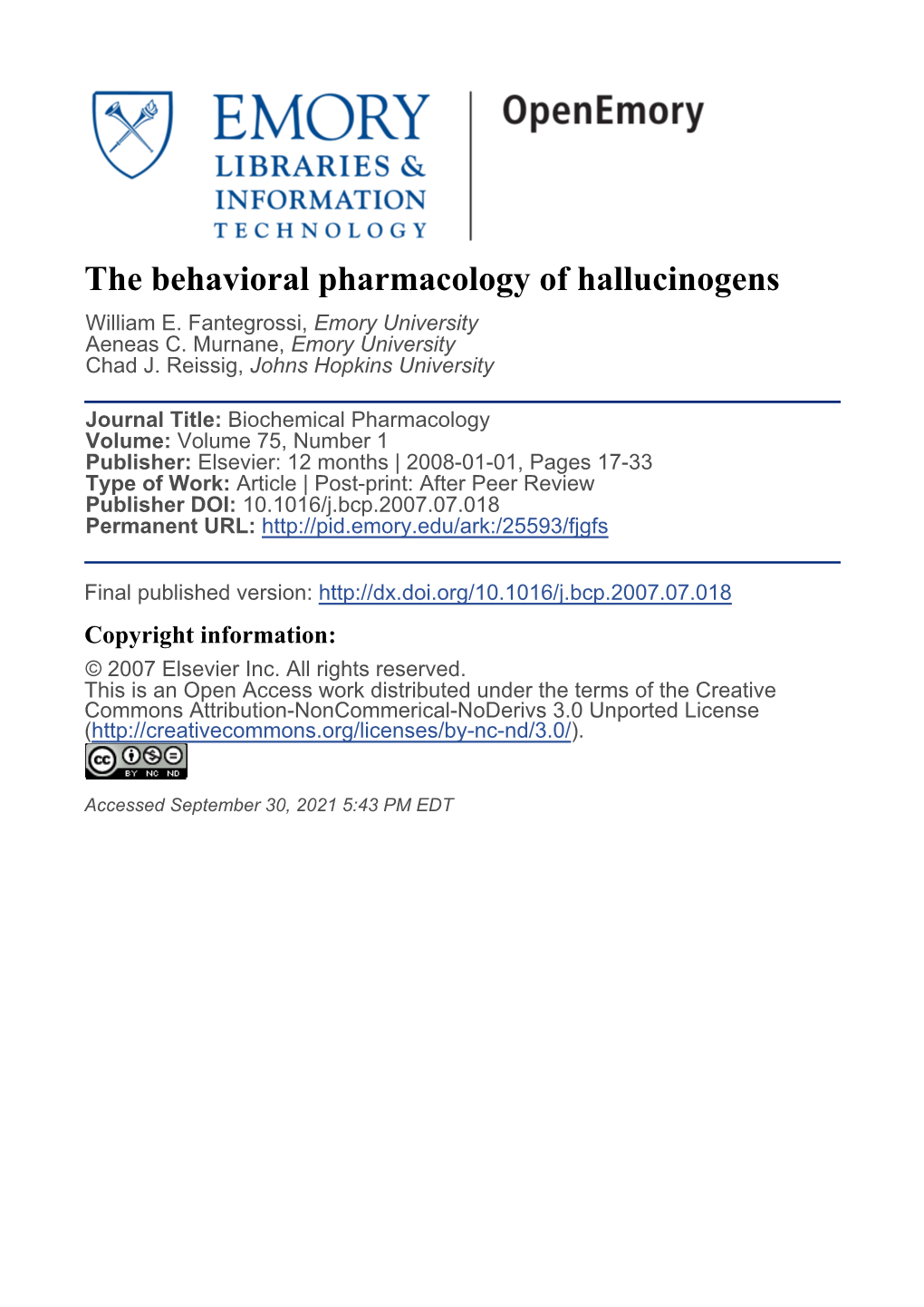 The Behavioral Pharmacology of Hallucinogens William E