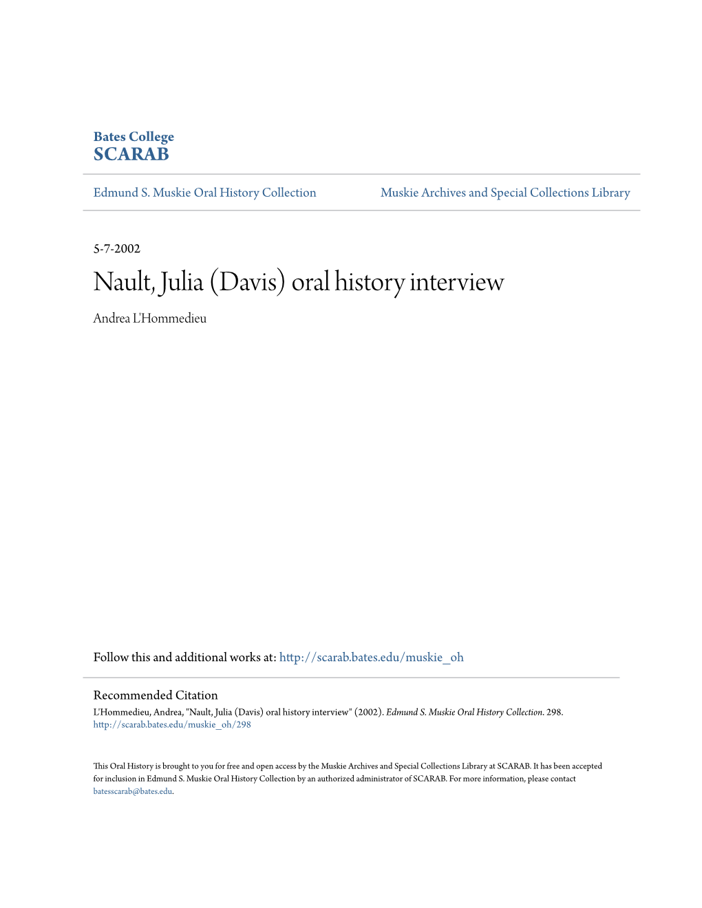 Nault, Julia (Davis) Oral History Interview Andrea L'hommedieu