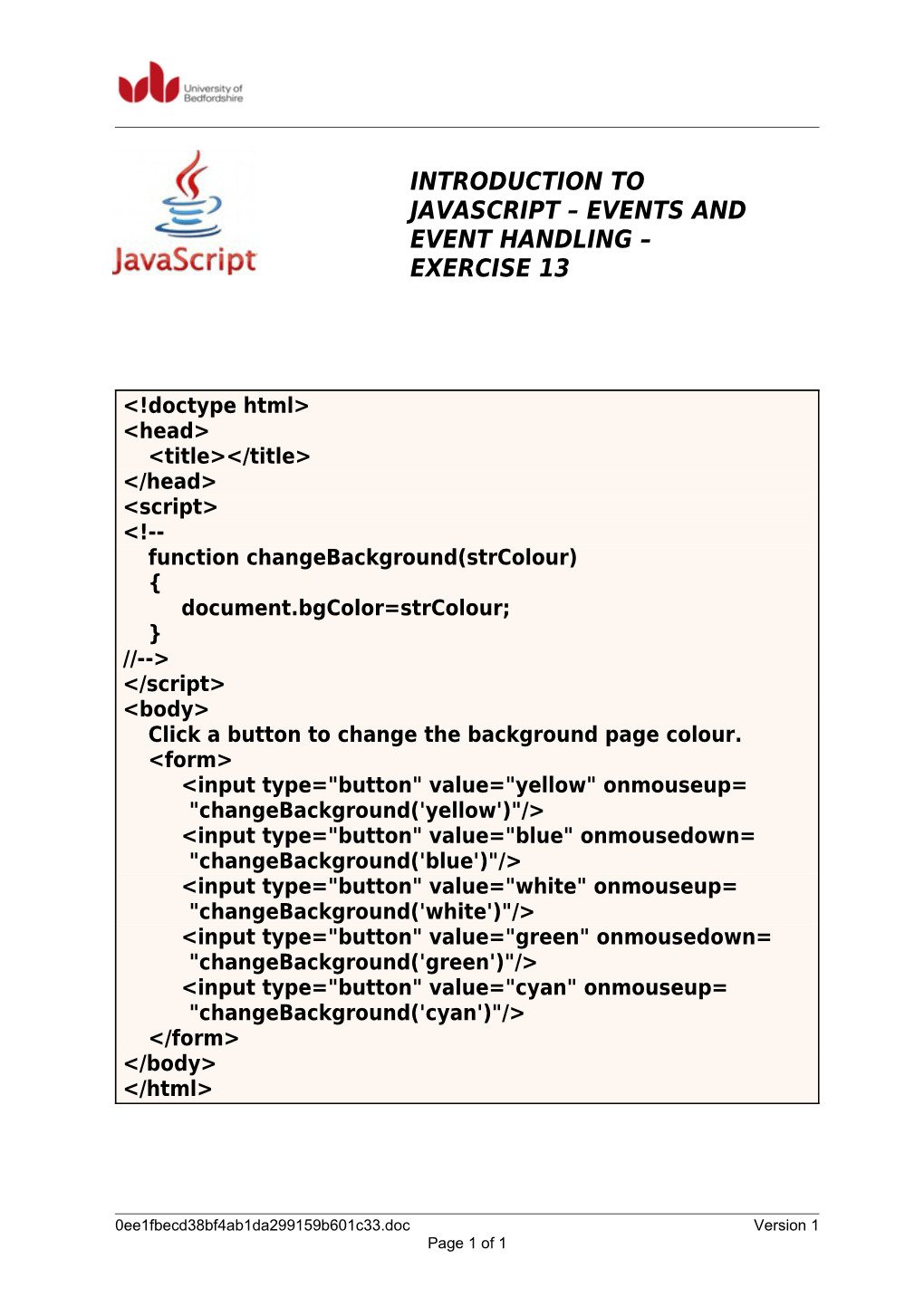 Introduction to Javascript Events and Event Handling Exercise 13