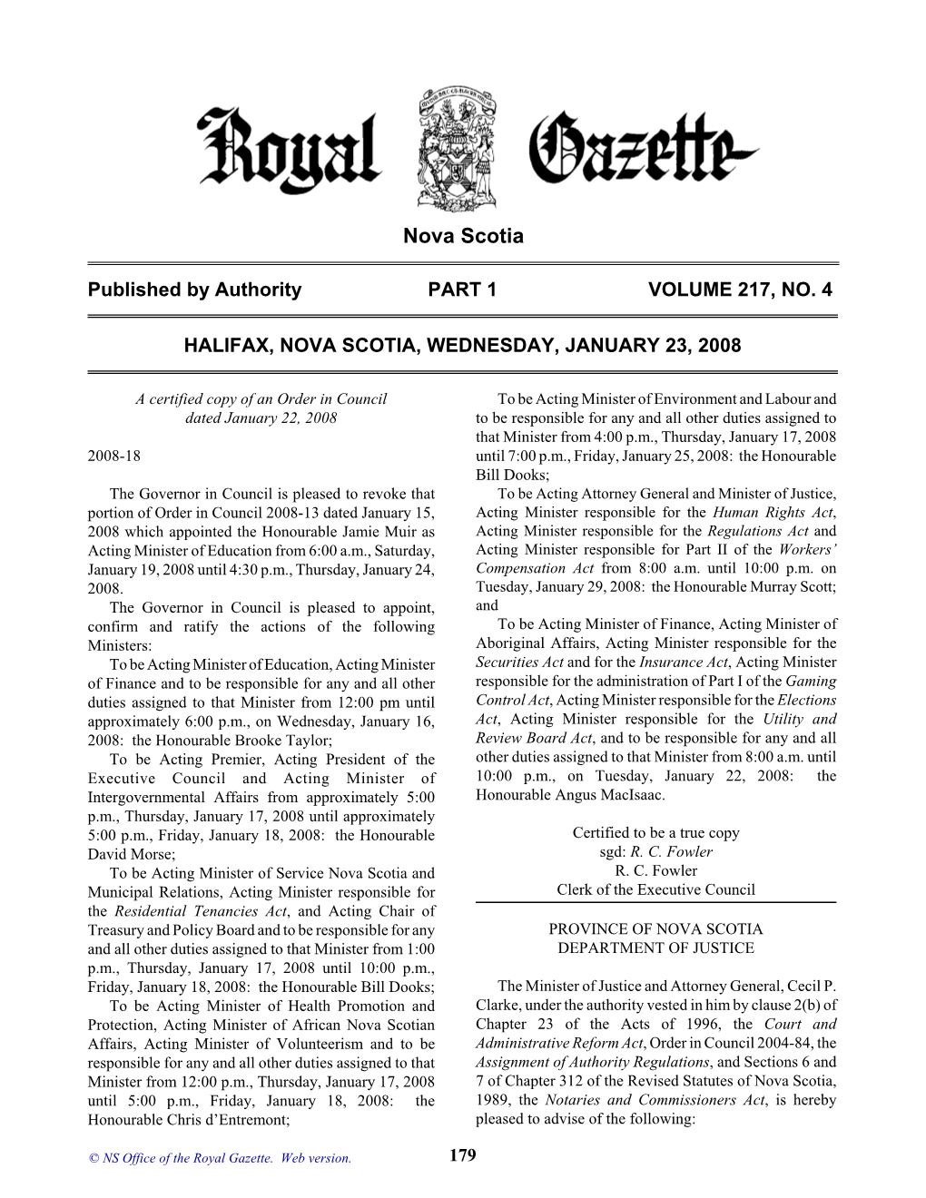 NS Royal Gazette Part I