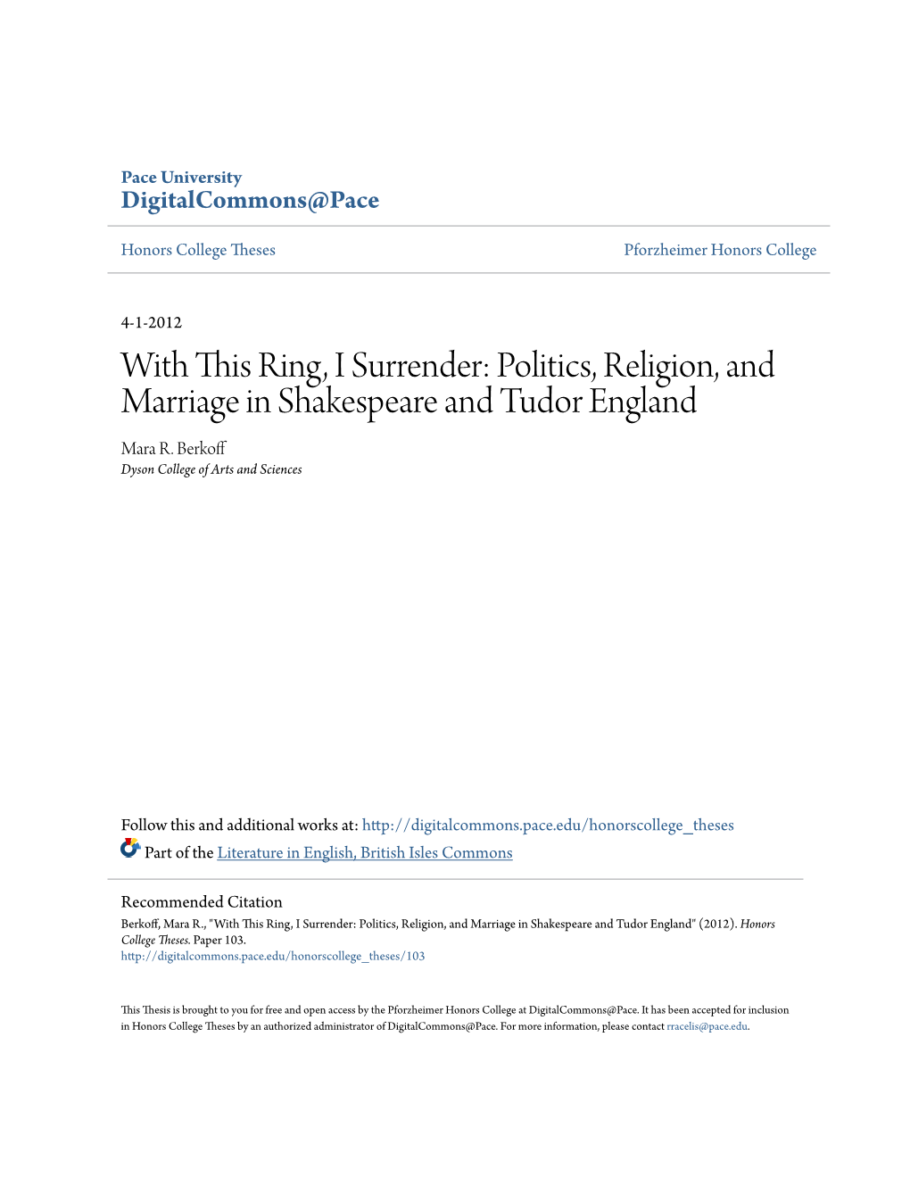 Politics, Religion, and Marriage in Shakespeare and Tudor England Mara R