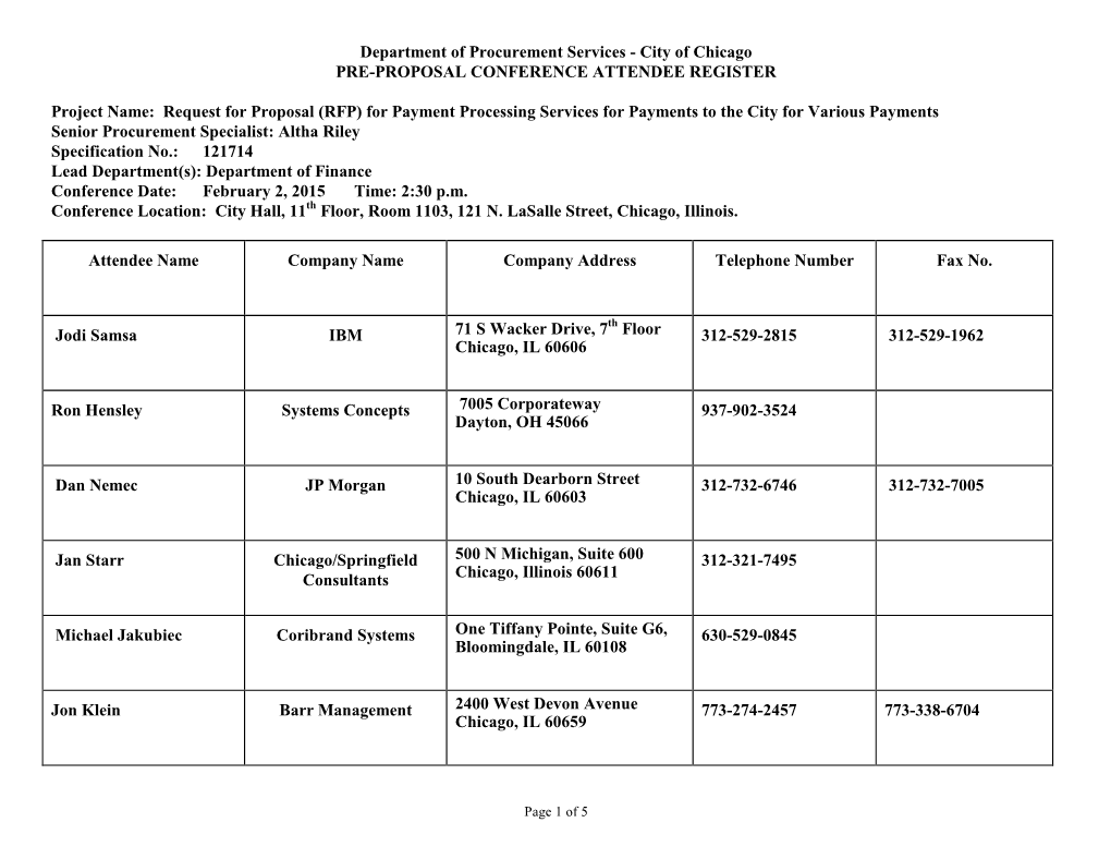 Department of Procurement Services - City of Chicago PRE-PROPOSAL CONFERENCE ATTENDEE REGISTER