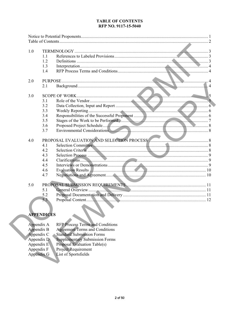 Table of Contents Rfp No. 9117-15-5040