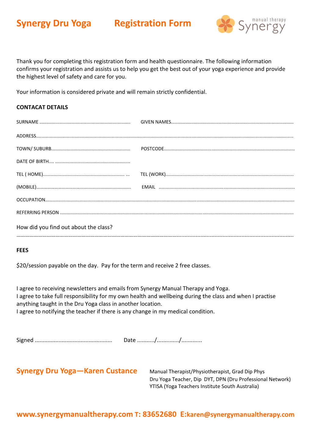 Synergy Dru Yoga Registration Form