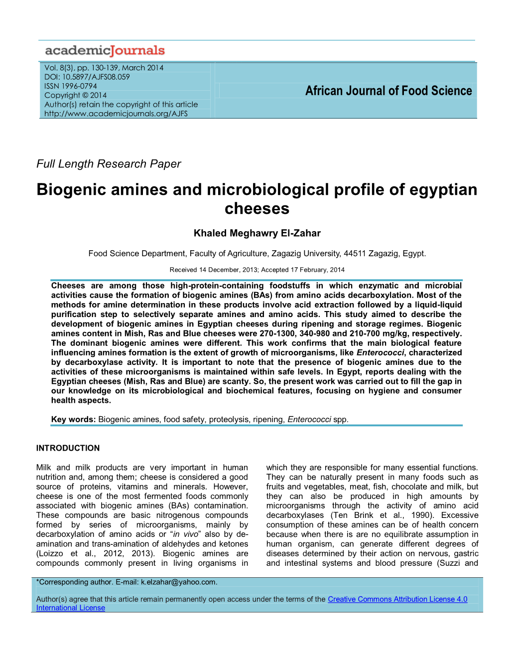 Biogenic Amines and Microbiological Profile of Egyptian Cheeses