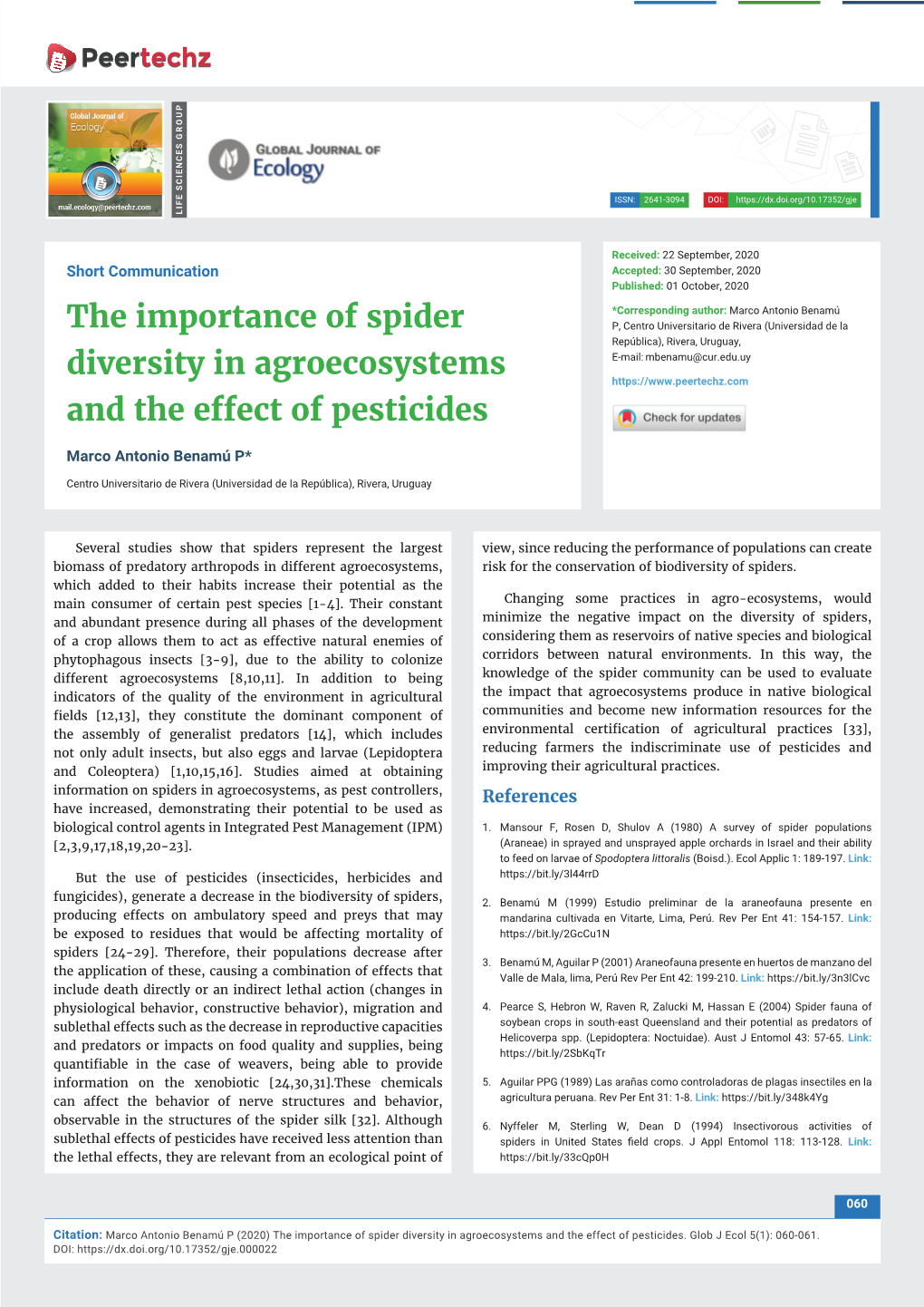 The Importance of Spider Diversity in Agroecosystems and the Effect of Pesticides