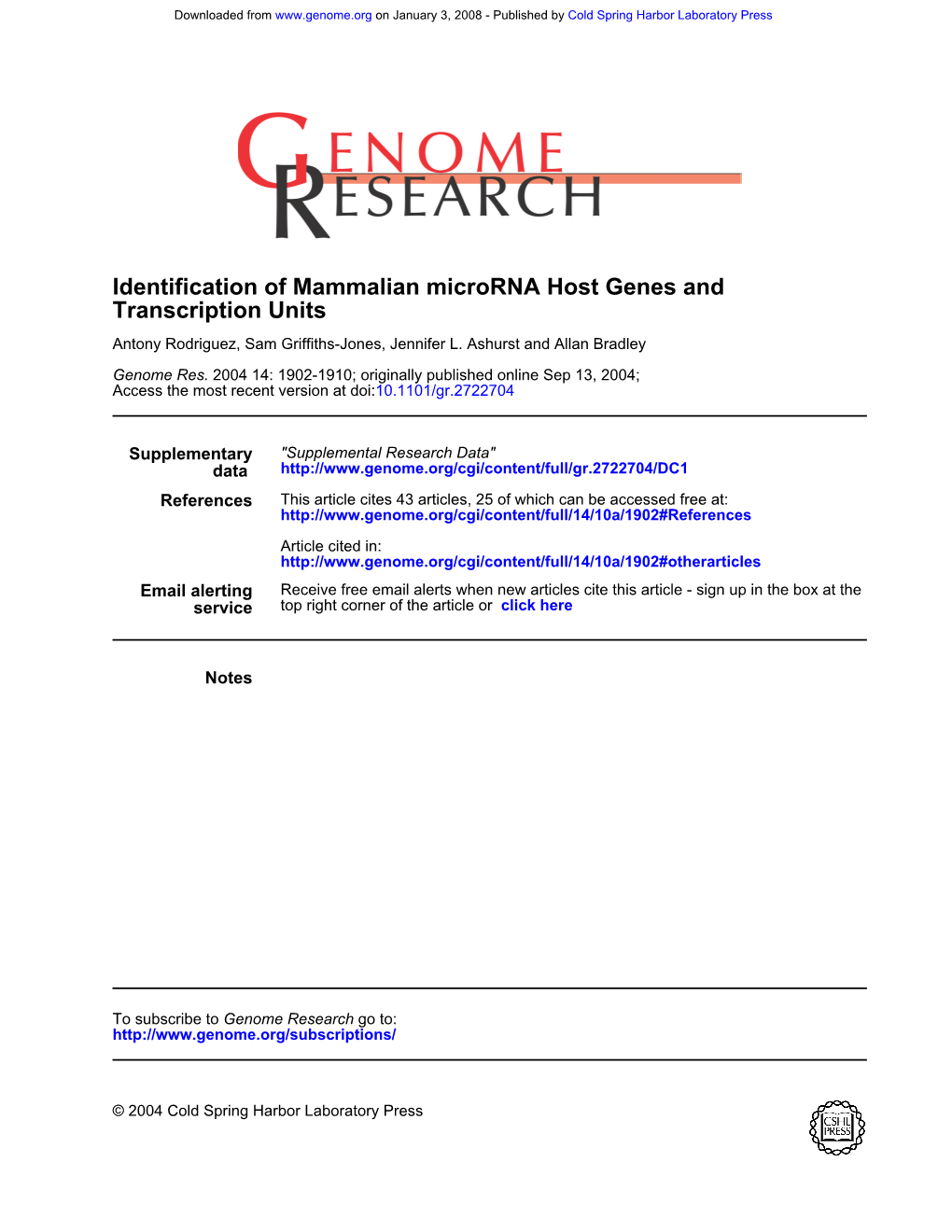 Transcription Units Identification of Mammalian Microrna Host Genes