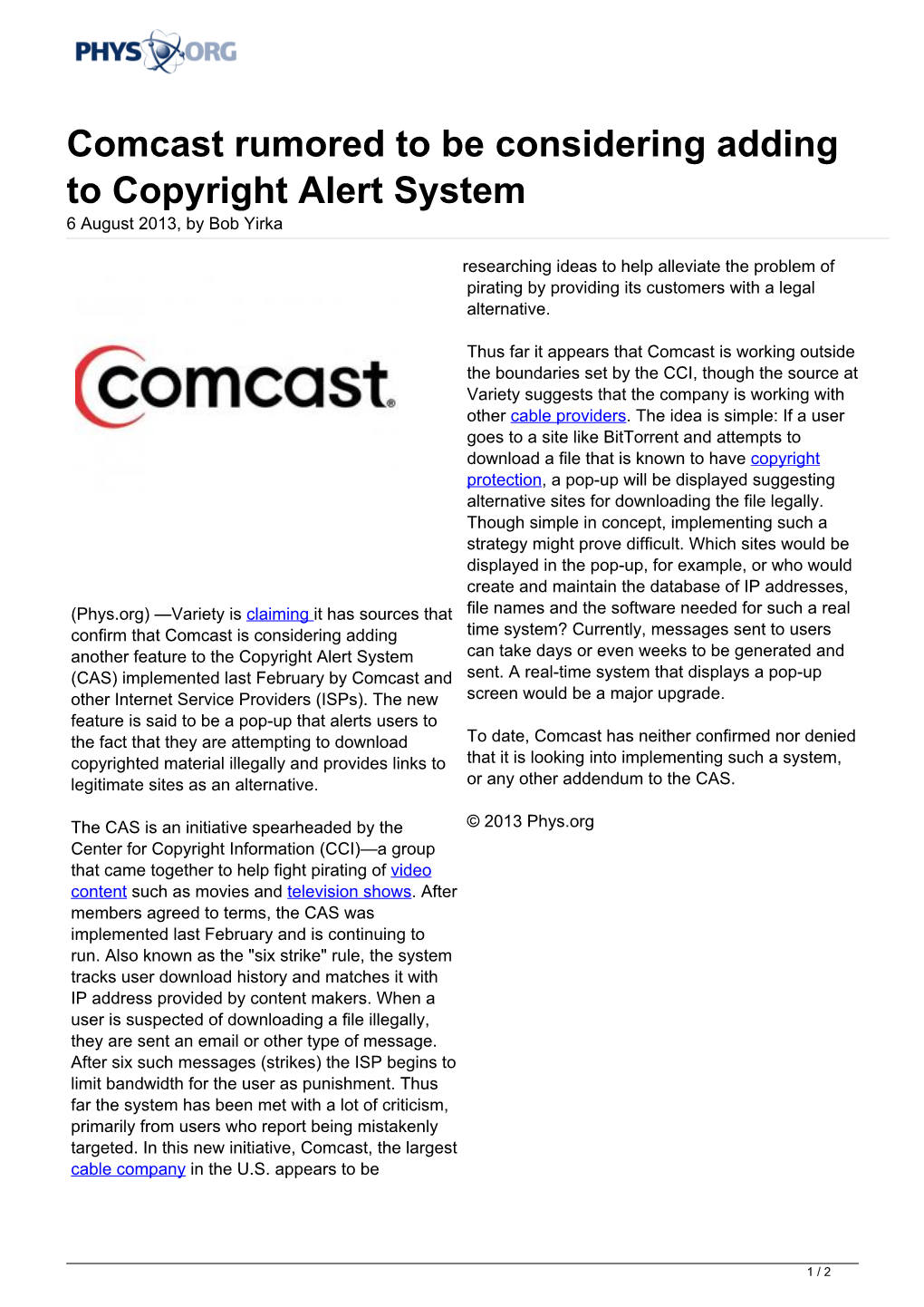 Comcast Rumored to Be Considering Adding to Copyright Alert System 6 August 2013, by Bob Yirka
