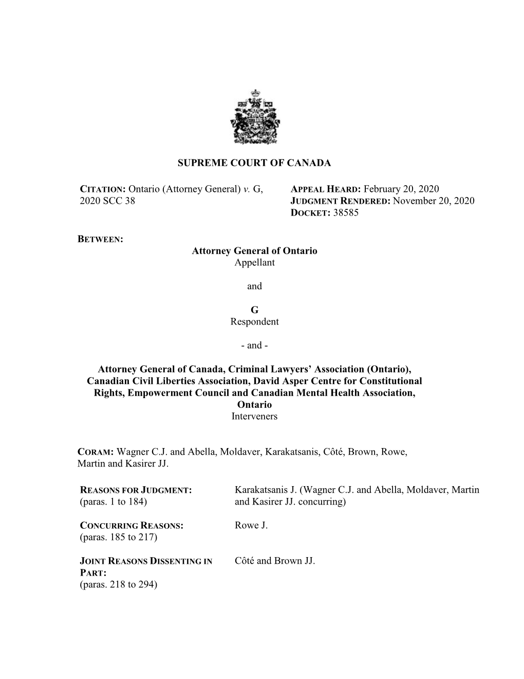 Ontario (Attorney General) V. G, 2020 SCC 38 APPEAL HEARD