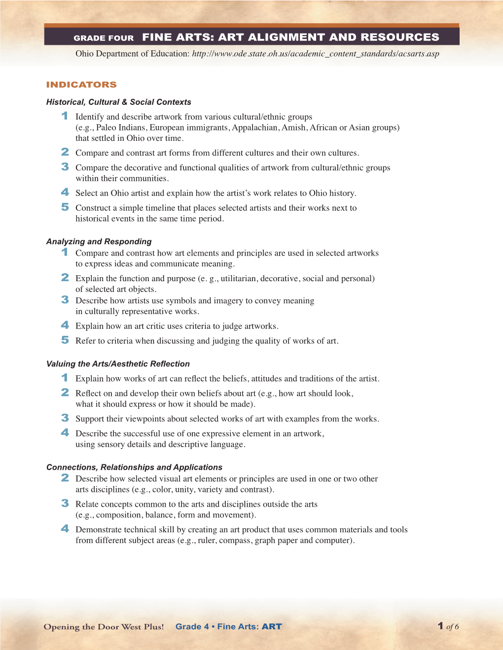 GRADE FOUR FINE ARTS: ART ALIGNMENT and RESOURCES Ohio Department of Education