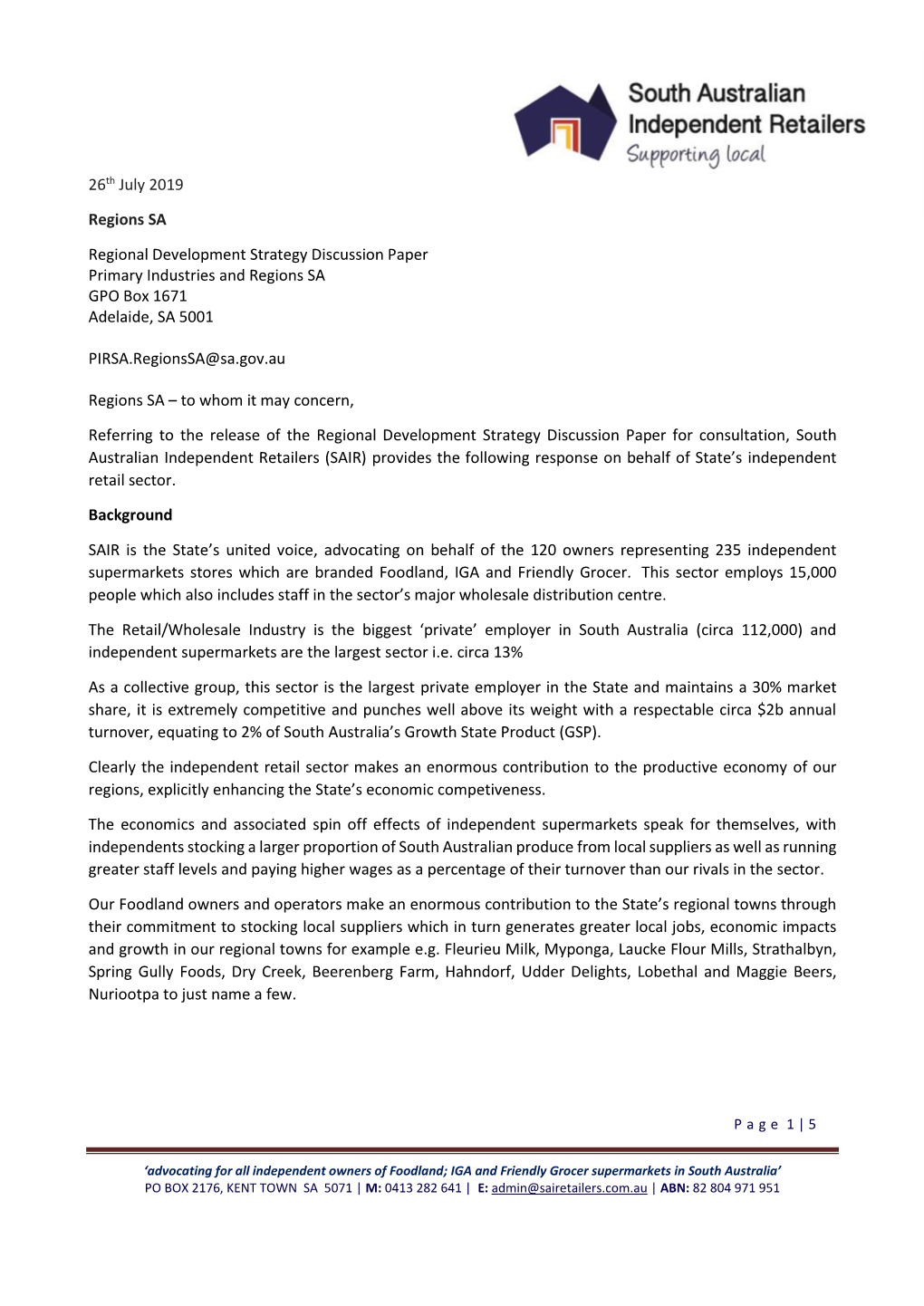 Regional Development Strategy Discussion Paper Primary Industries and Regions SA GPO Box 1671 Adelaide, SA 5001