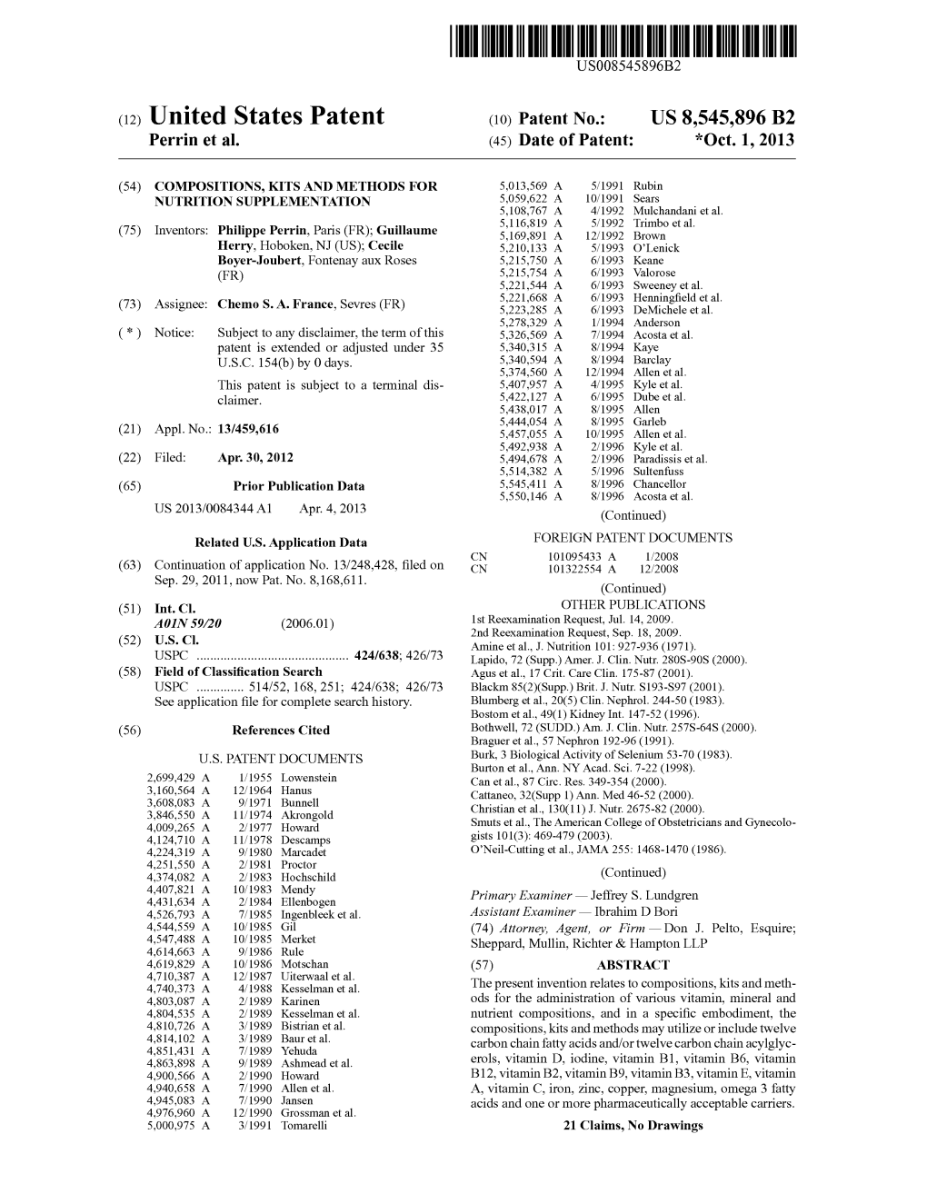 (12) United States Patent (10) Patent No.: US 8,545,896 B2 Perrin Et Al