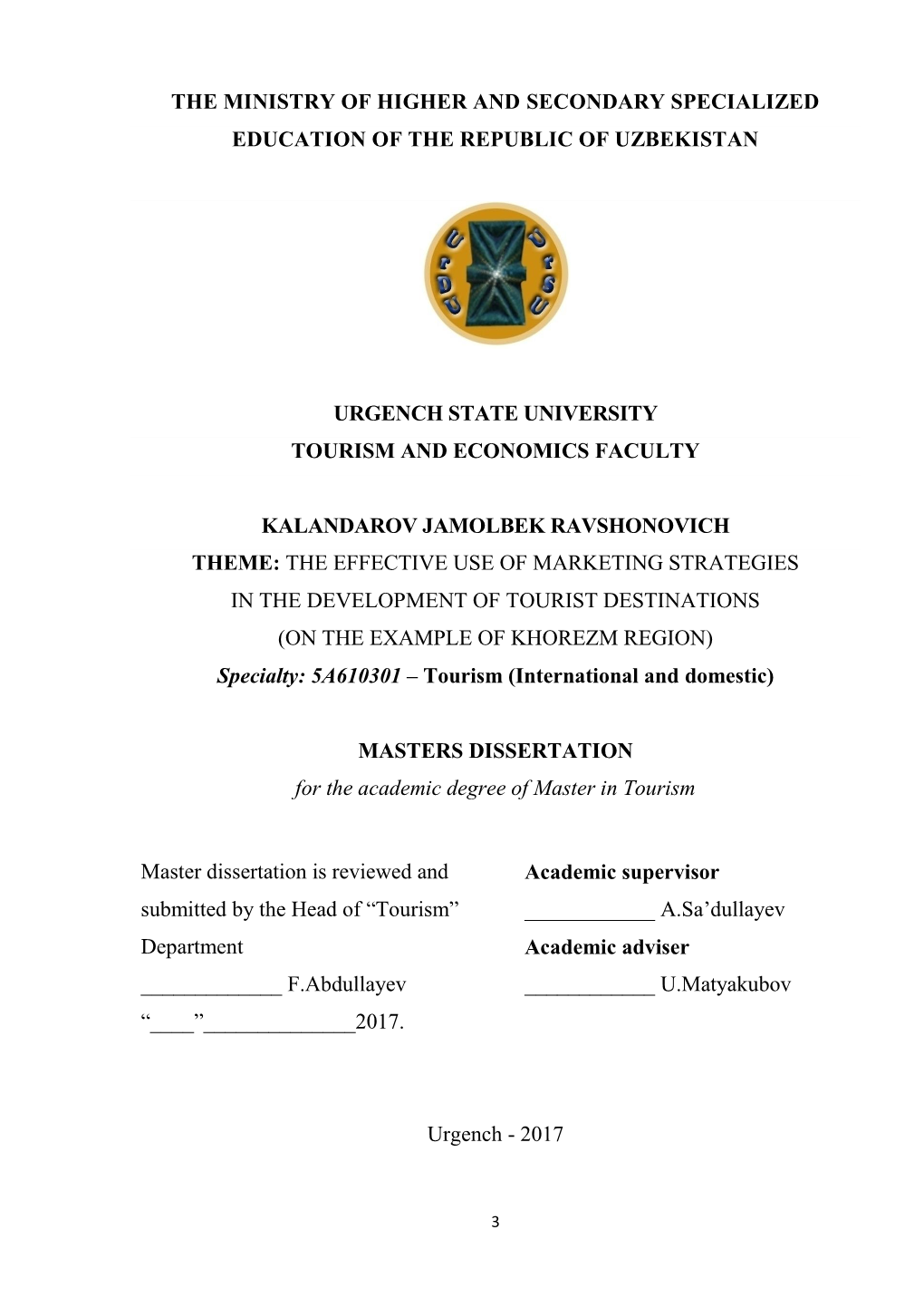 The Ministry of Higher and Secondary Specialized Education of the Republic of Uzbekistan