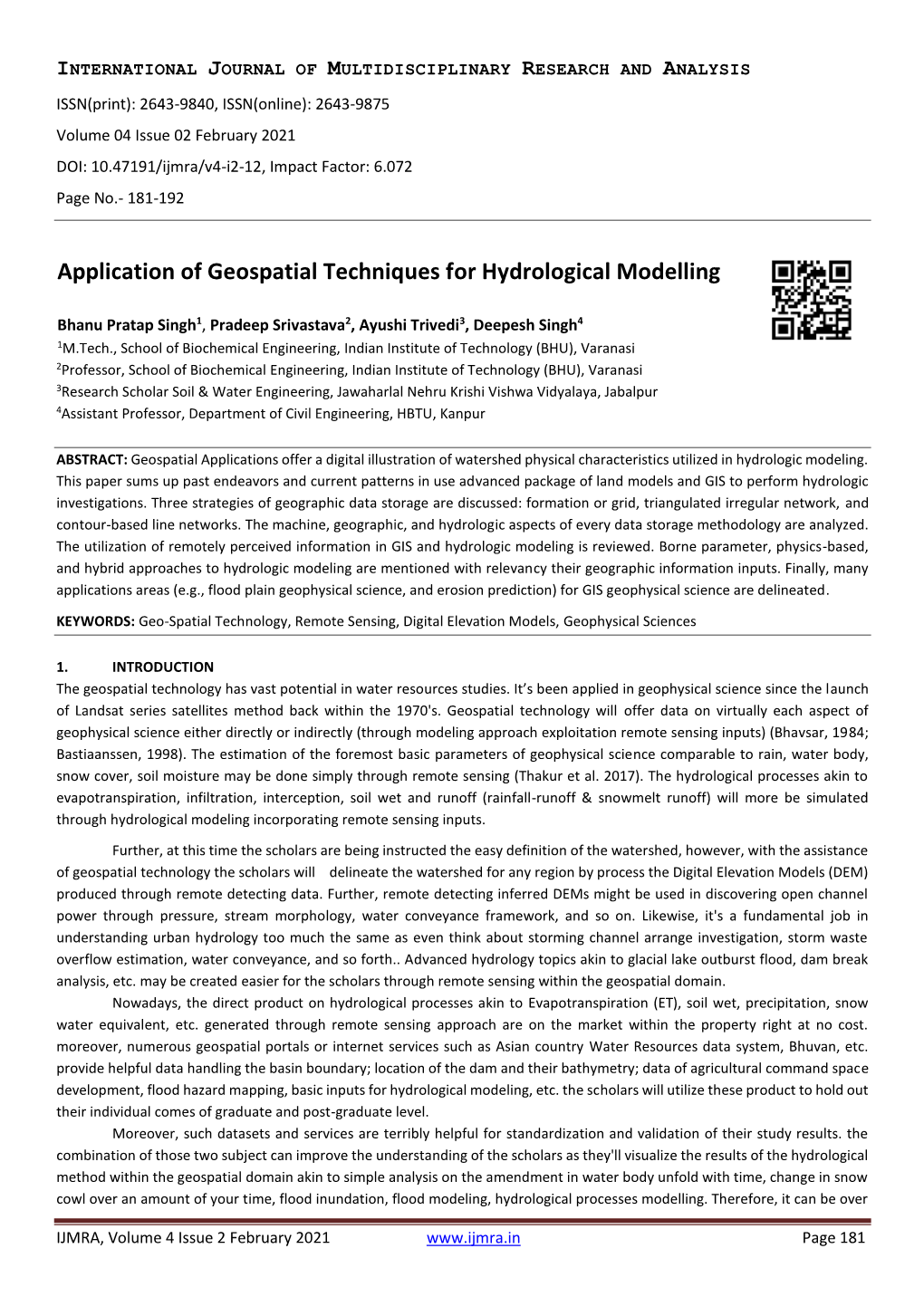 Application of Geospatial Techniques for Hydrological Modelling