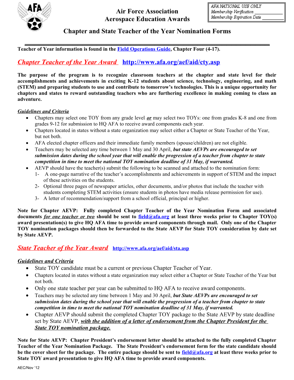 Chapter and State Teacher of the Year Nominationforms