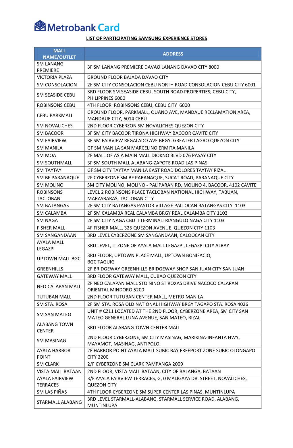 List of Participating Samsung Experience Stores Mall