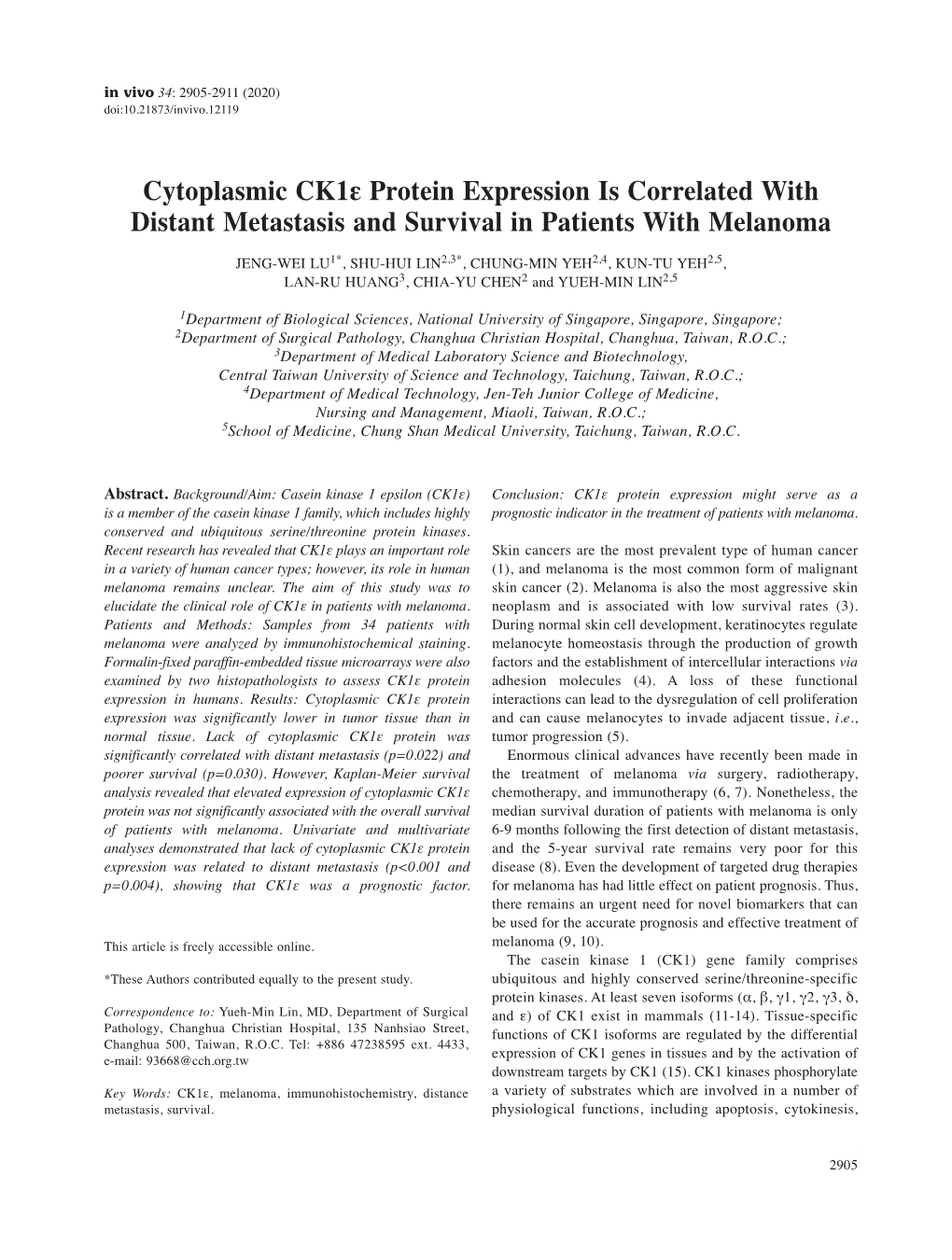 Cytoplasmic Ck1ε Protein Expression Is Correlated with Distant