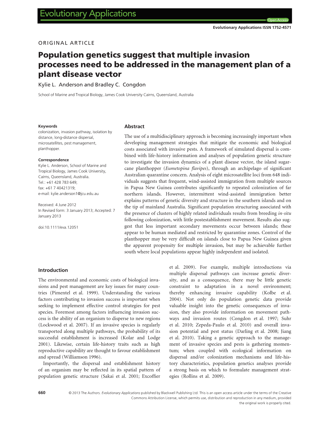 Population Genetics Suggest That Multiple Invasion Processes Need to Be Addressed in the Management Plan of a Plant Disease Vector Kylie L