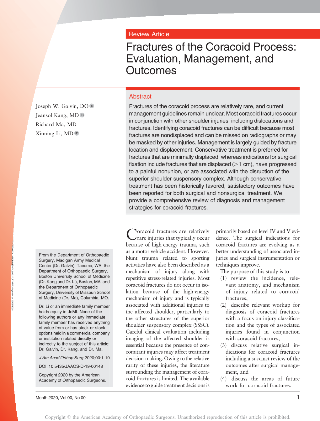 Fractures of the Coracoid Process: Evaluation, Management, and Outcomes 2020;00:1-10 Copyright © the American Academy of Orthopaedic Surgeons