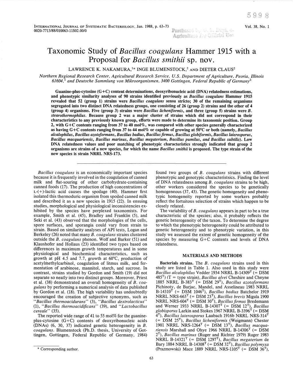 Proposal for Bacillus Smithii Sp. Nov