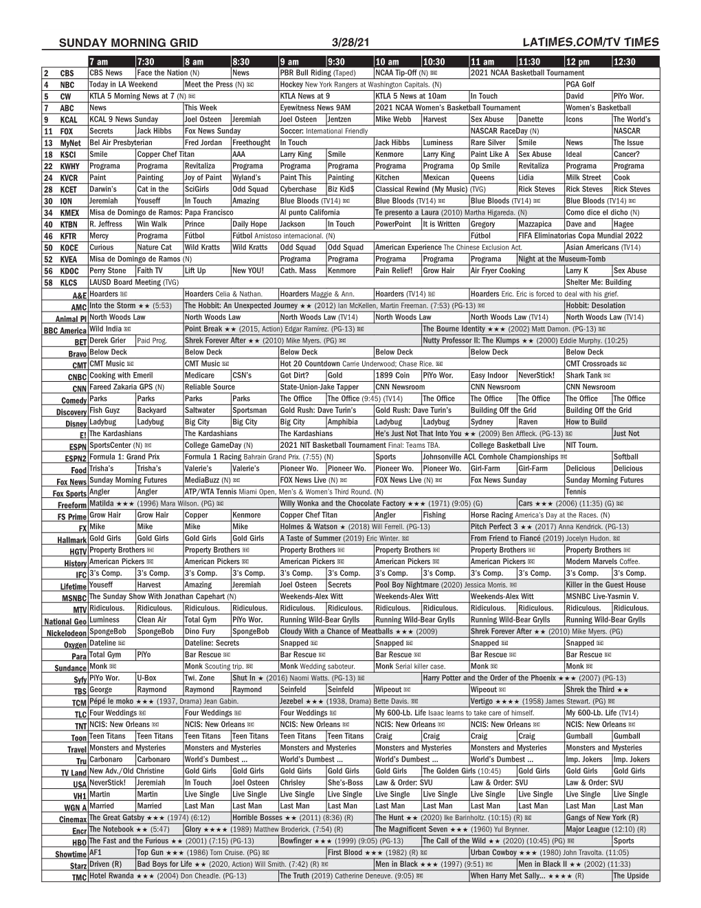 Sunday Morning Grid 3/28/21 Latimes.Com/Tv Times