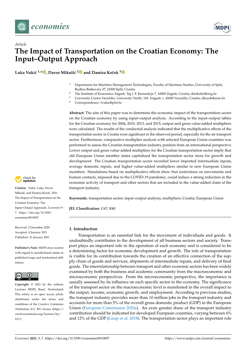 The Impact of Transportation on the Croatian Economy: the Input–Output Approach