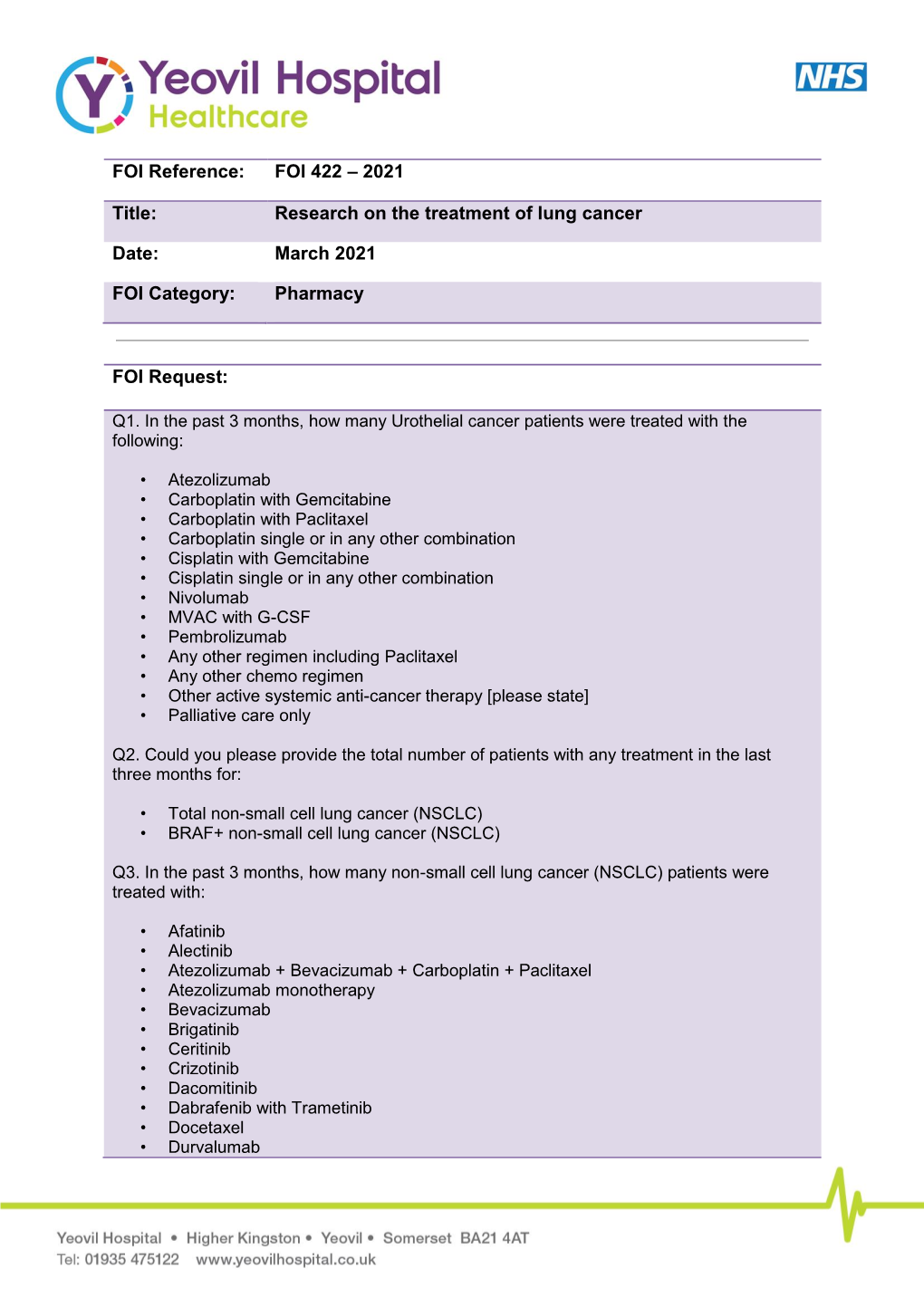 FOI Reference: FOI 422 – 2021 Title: Research on the Treatment of Lung