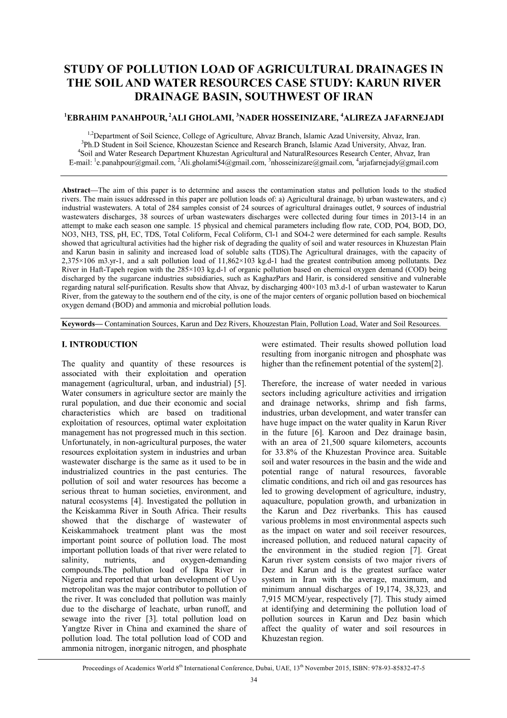 Study of Pollution Load of Agricultural Drainages in the Soil and Water Resources Case Study: Karun River Drainage Basin, Southwest of Iran