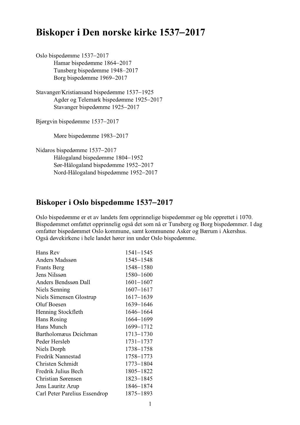 Om Oslo Bispedømme Og Liste Over Tidligere Biskoper