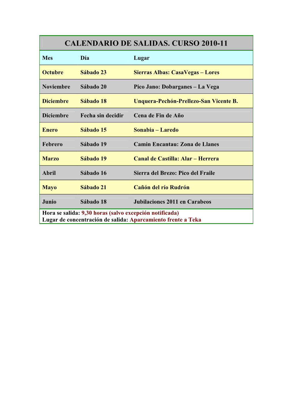 Calendario De Salidas. Curso 2010-11