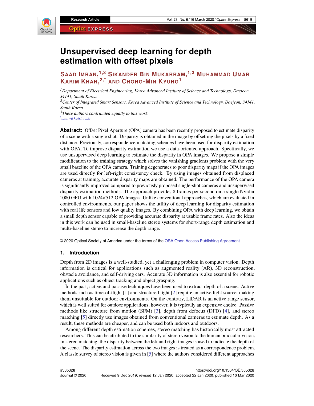 Unsupervised Deep Learning for Depth Estimation with Offset Pixels