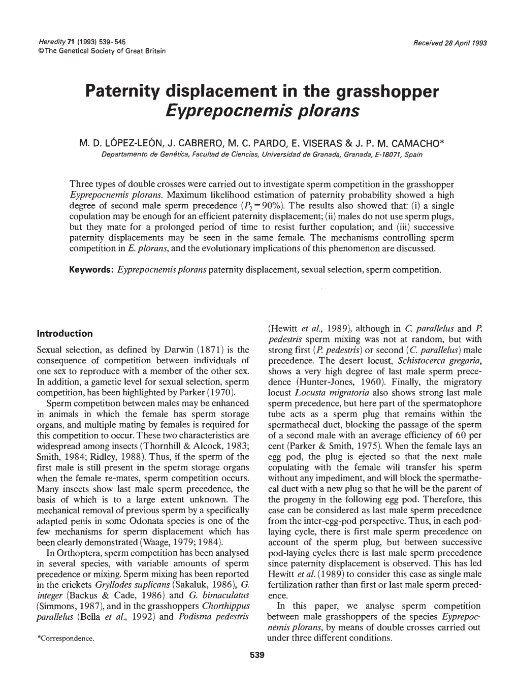 Paternity Displacement in the Grasshopper Eyprepocnemis Plorans