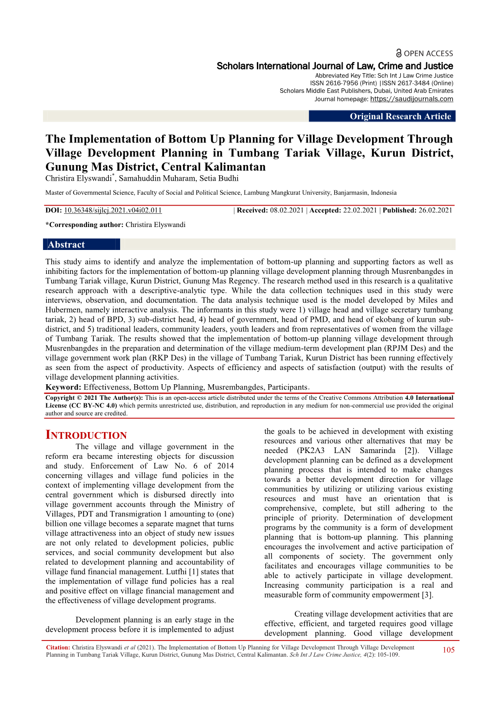 The Implementation of Bottom up Planning for Village Development Through Village Development Planning in Tumbang Tariak Village