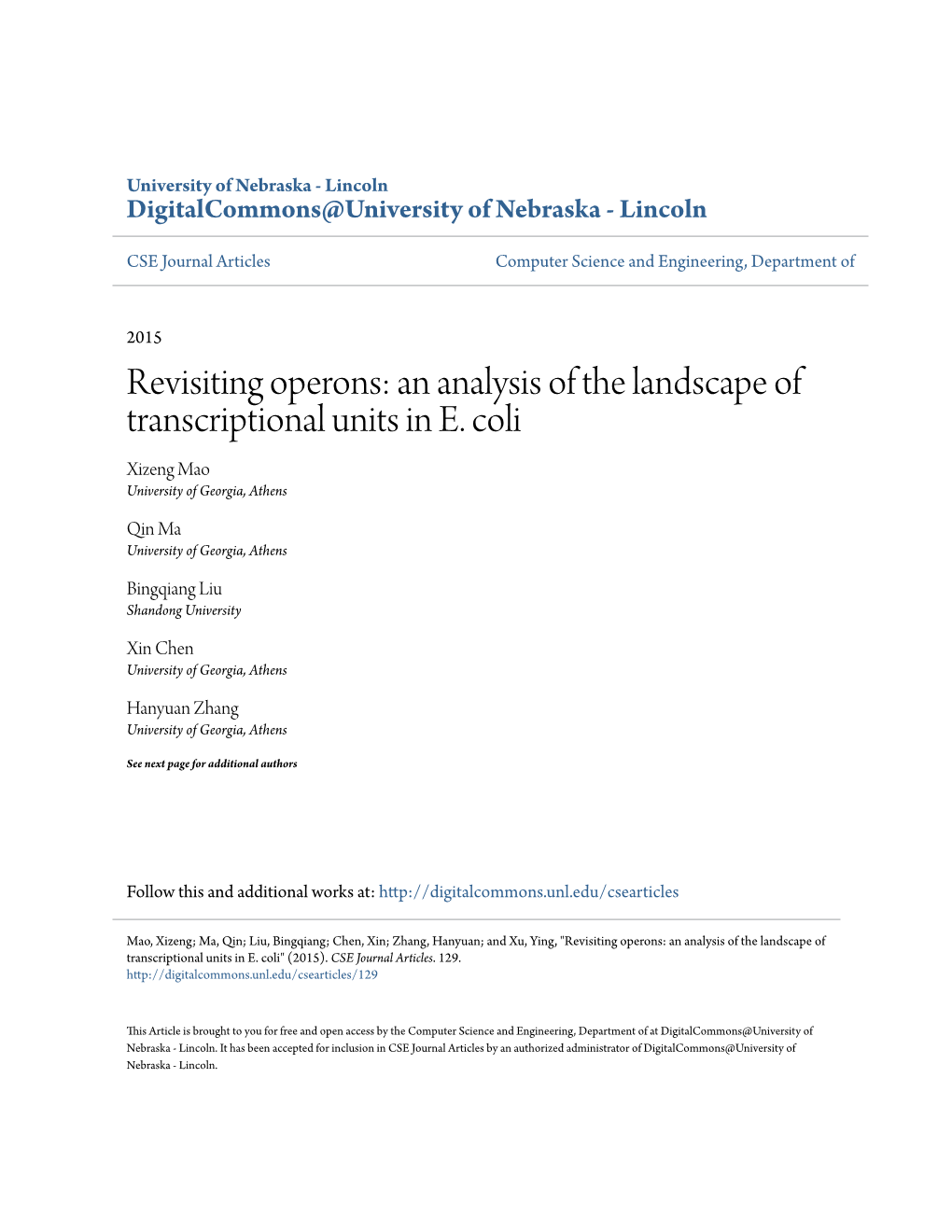 An Analysis of the Landscape of Transcriptional Units in E. Coli Xizeng Mao University of Georgia, Athens