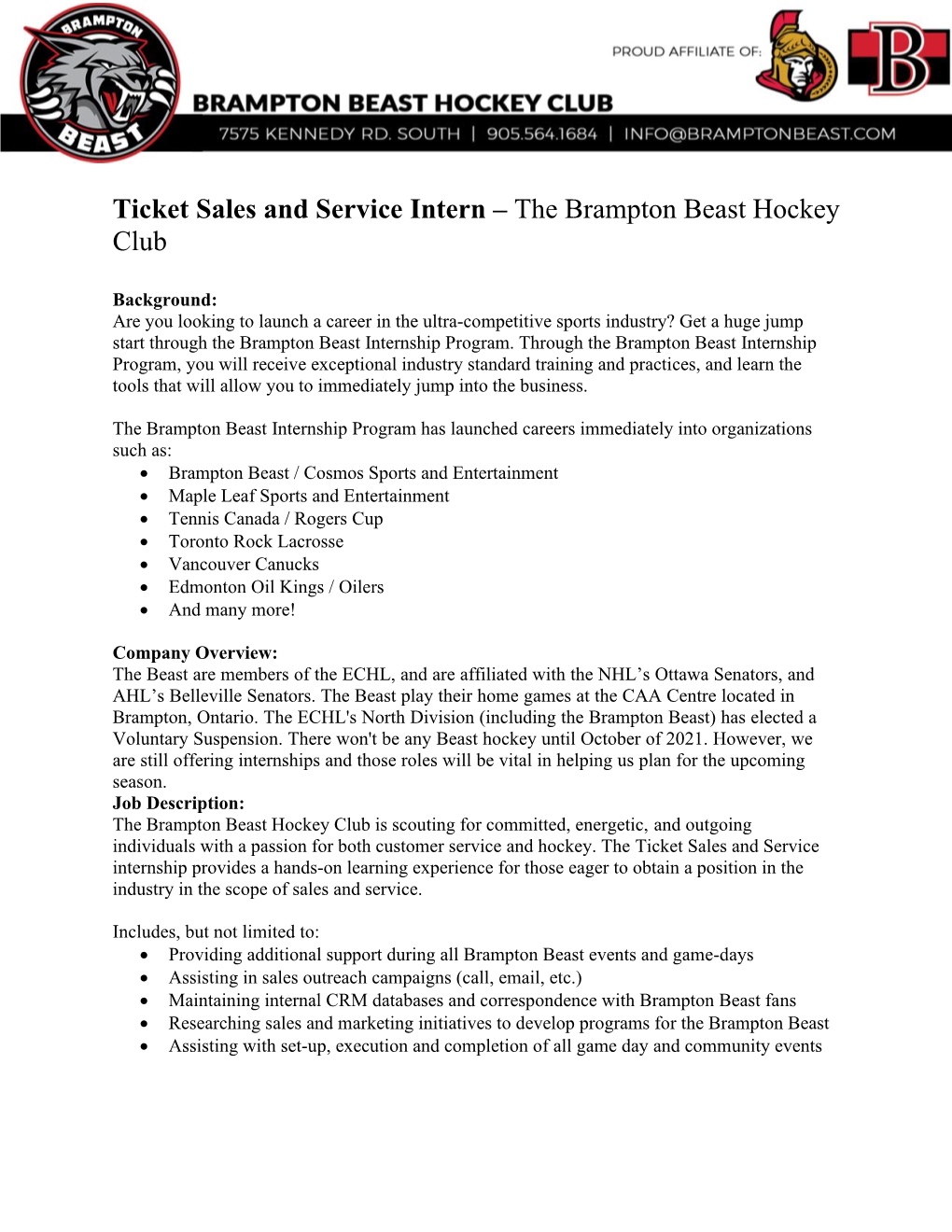 Ticket Sales and Service Intern – the Brampton Beast Hockey Club