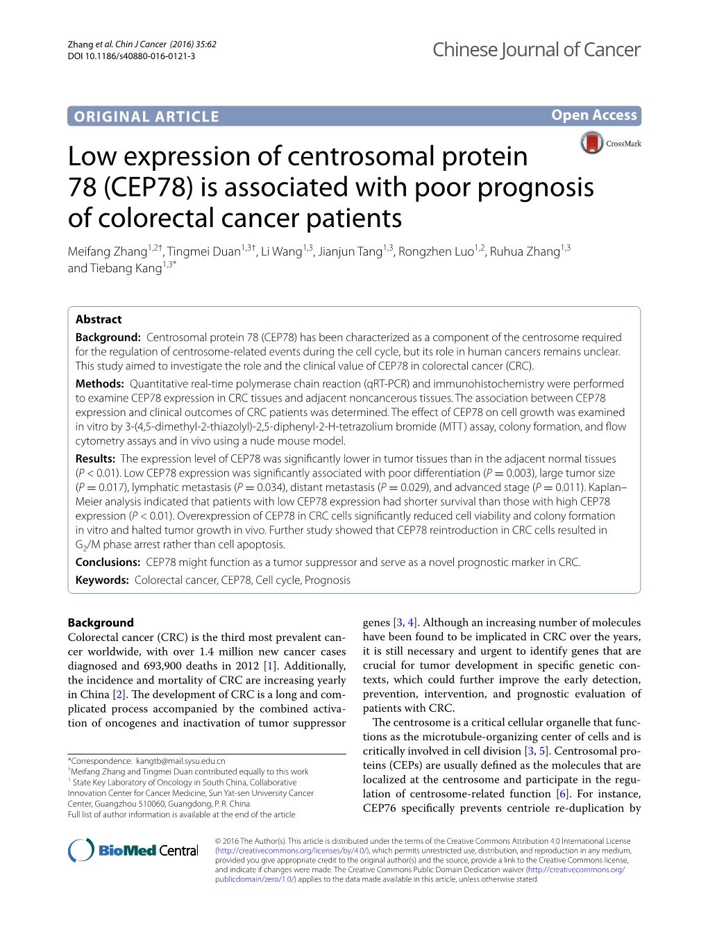 Low Expression of Centrosomal Protein 78 (CEP78) Is Associated with Poor Prognosis of Colorectal Cancer Patients