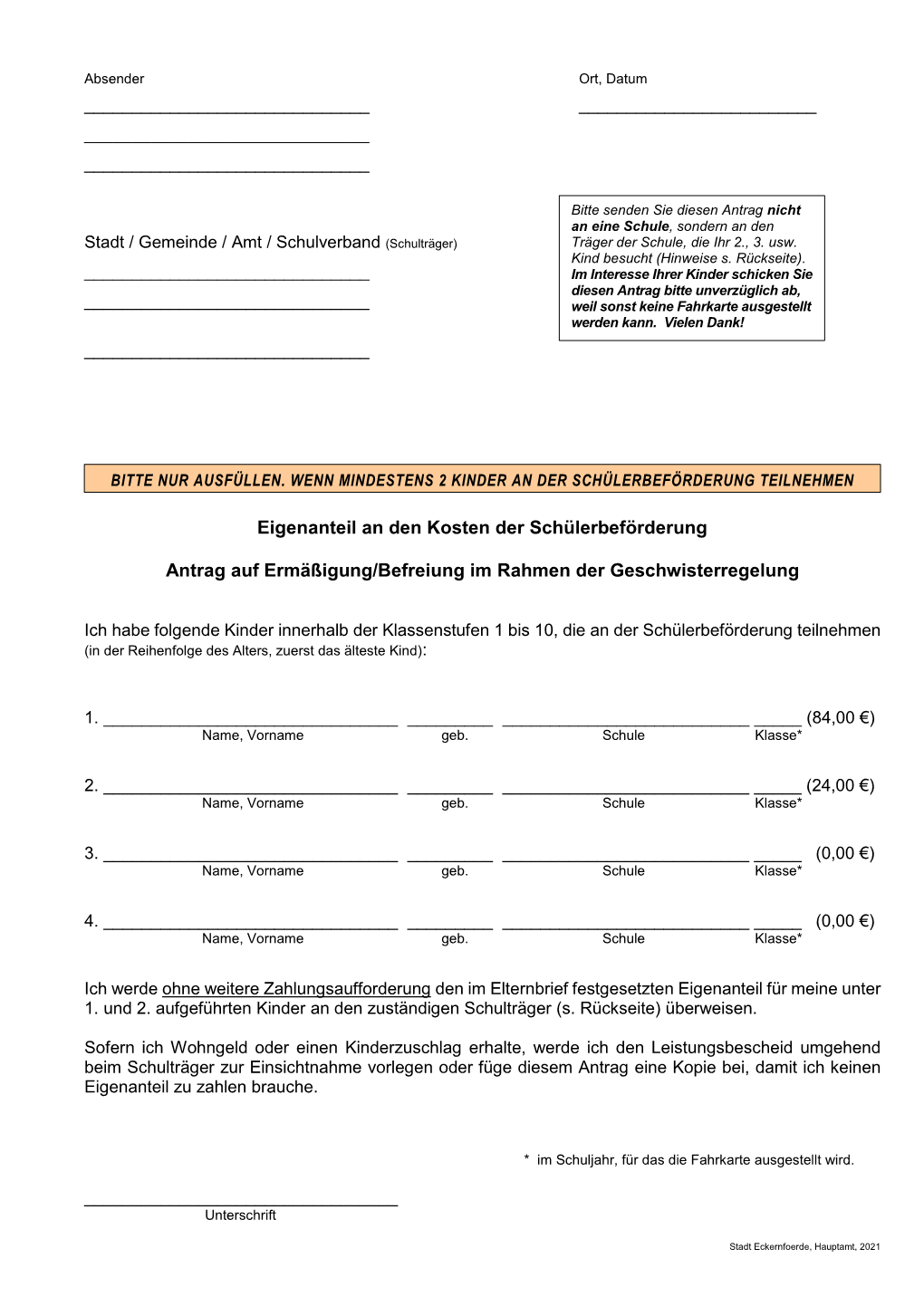 Eigenanteil an Den Kosten Der Schülerbeförderung Antrag Auf