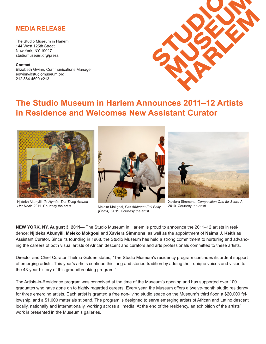 The Studio Museum in Harlem Announces 2011–12 Artists in Residence and Welcomes New Assistant Curator