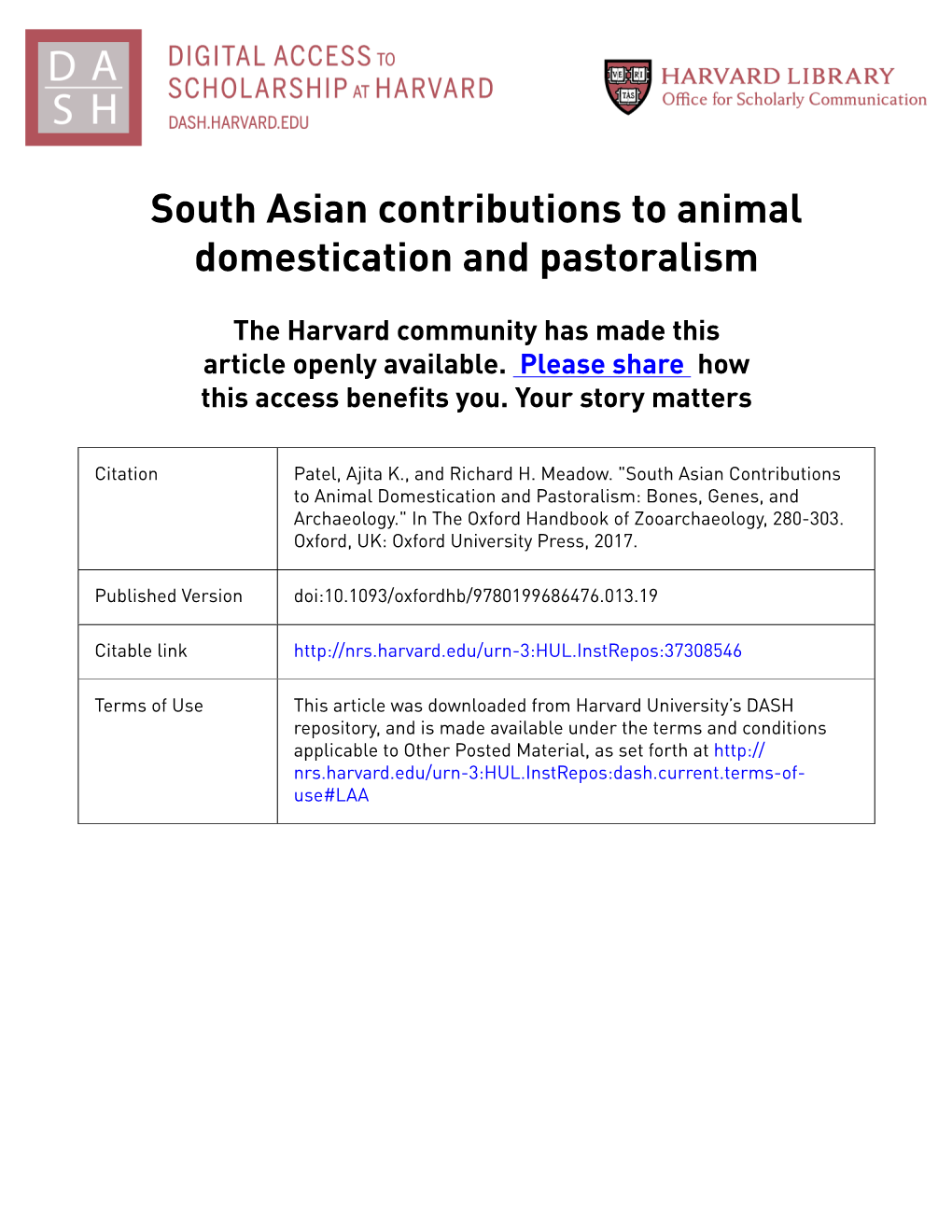 South Asian Contributions to Animal Domestication and Pastoralism