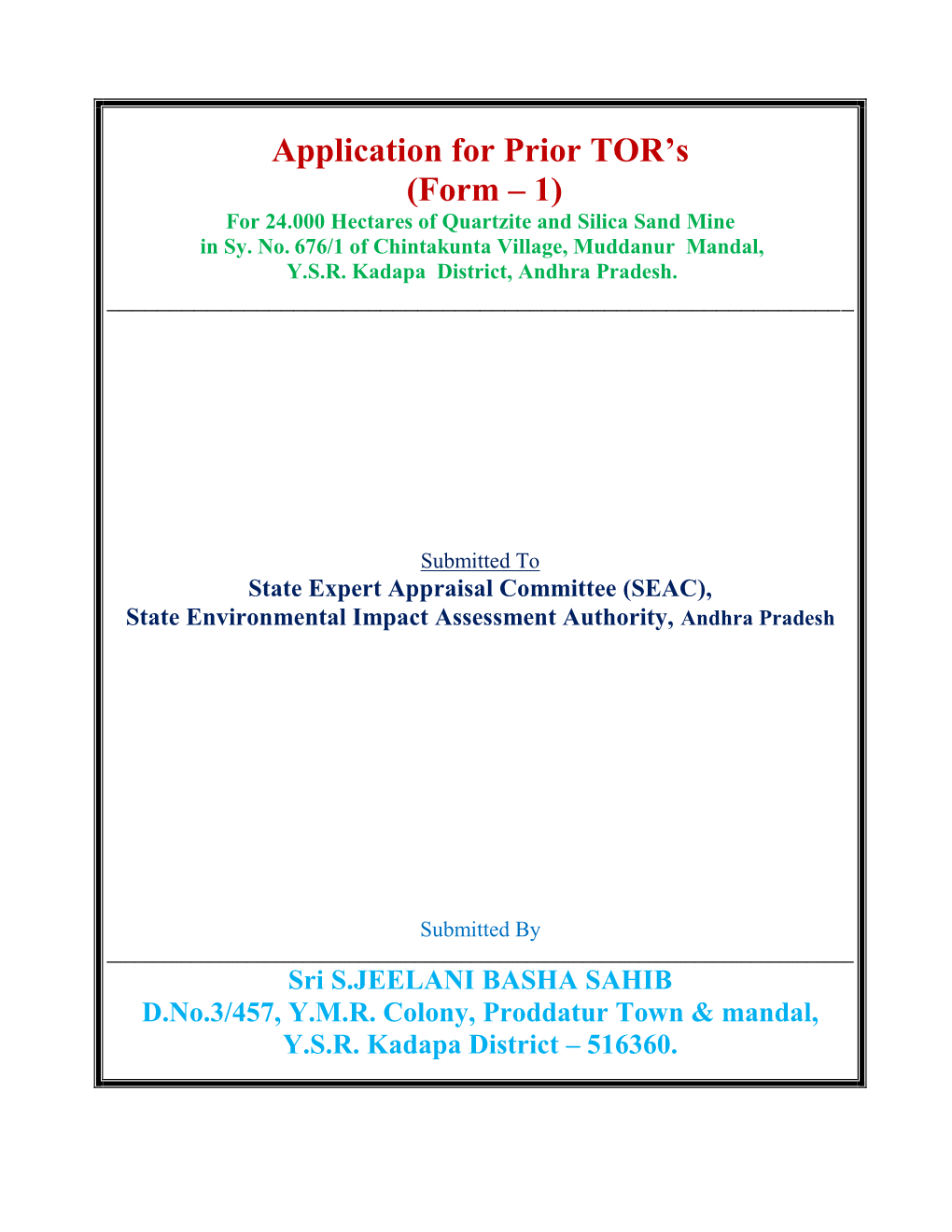 Application for Prior TOR's (Form – 1)