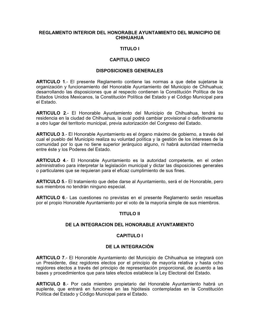 Reglamento Interior Del Honorable Ayuntamiento Del Municipio De Chihuahua