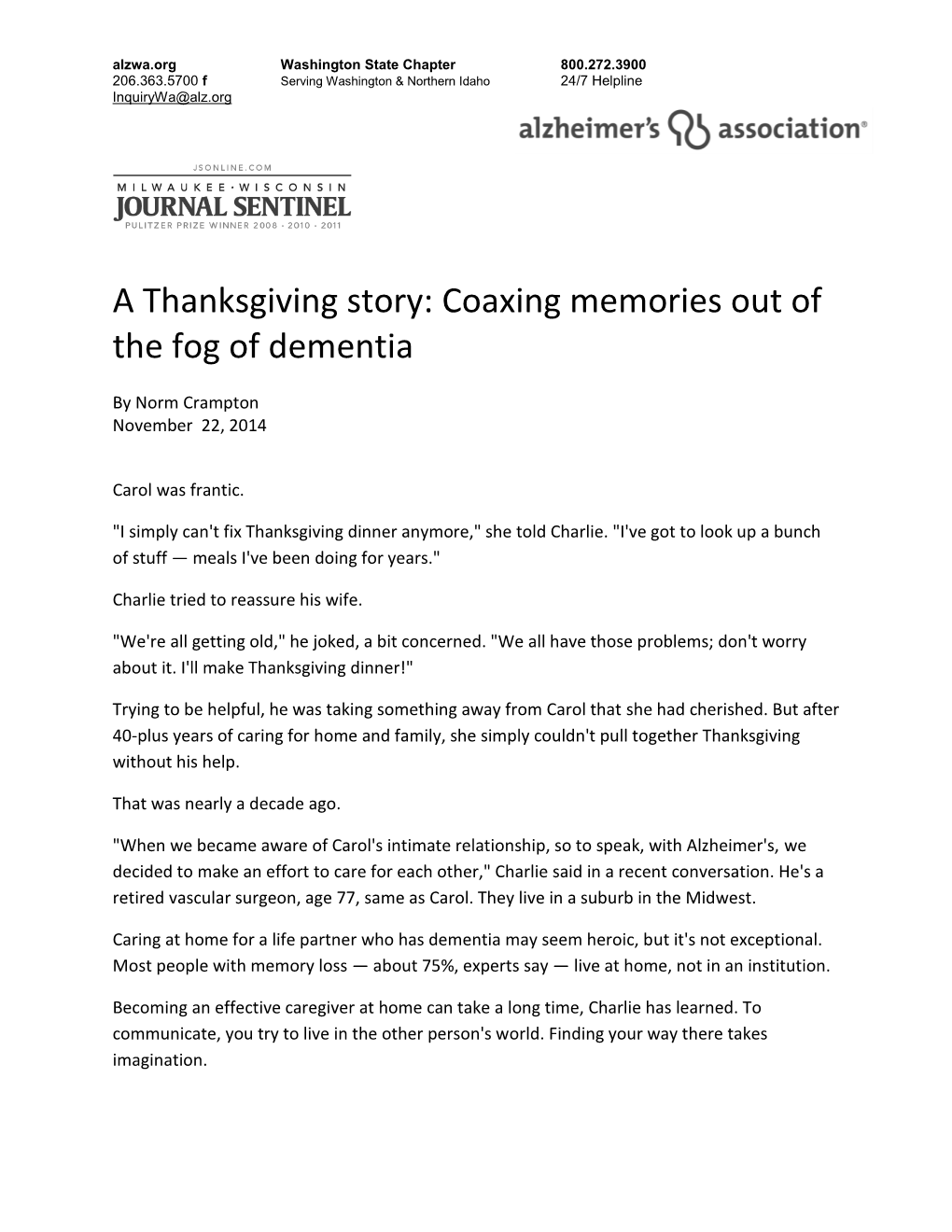 A Thanksgiving Story: Coaxing Memories out of the Fog of Dementia