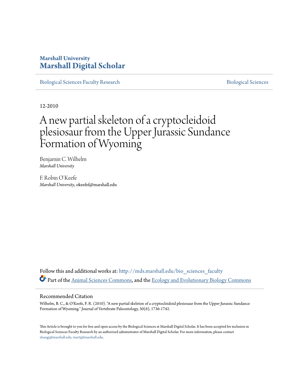 A New Partial Skeleton of a Cryptocleidoid Plesiosaur from the Upper Jurassic Sundance Formation of Wyoming Benjamin C