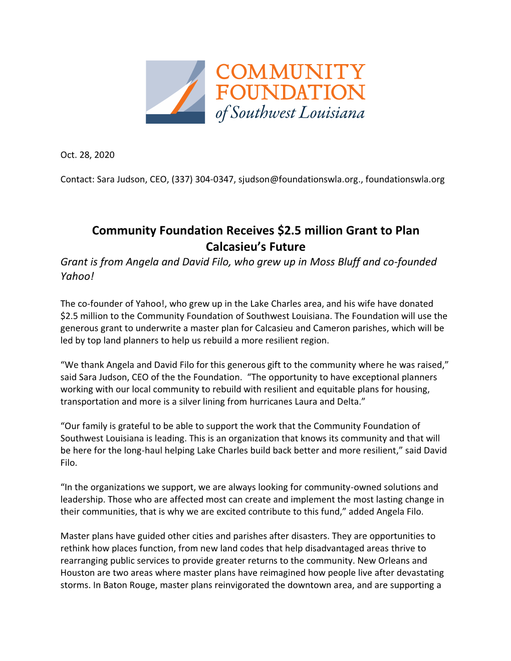 Community Foundation Receives $2.5 Million Grant to Plan Calcasieu's