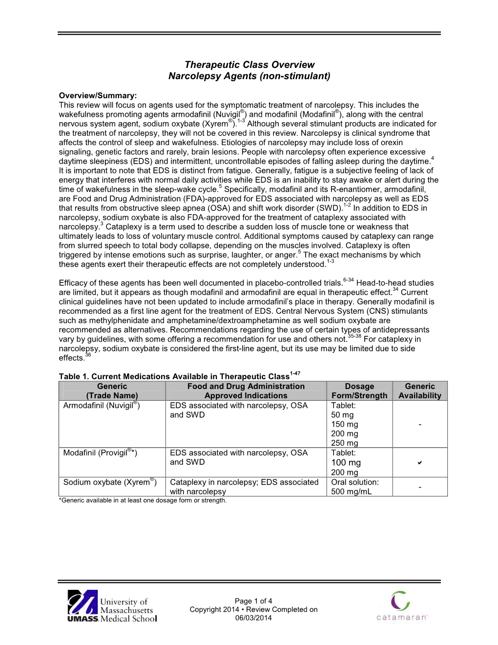 Therapeutic Class Overview Narcolepsy Agents (Non-Stimulant)