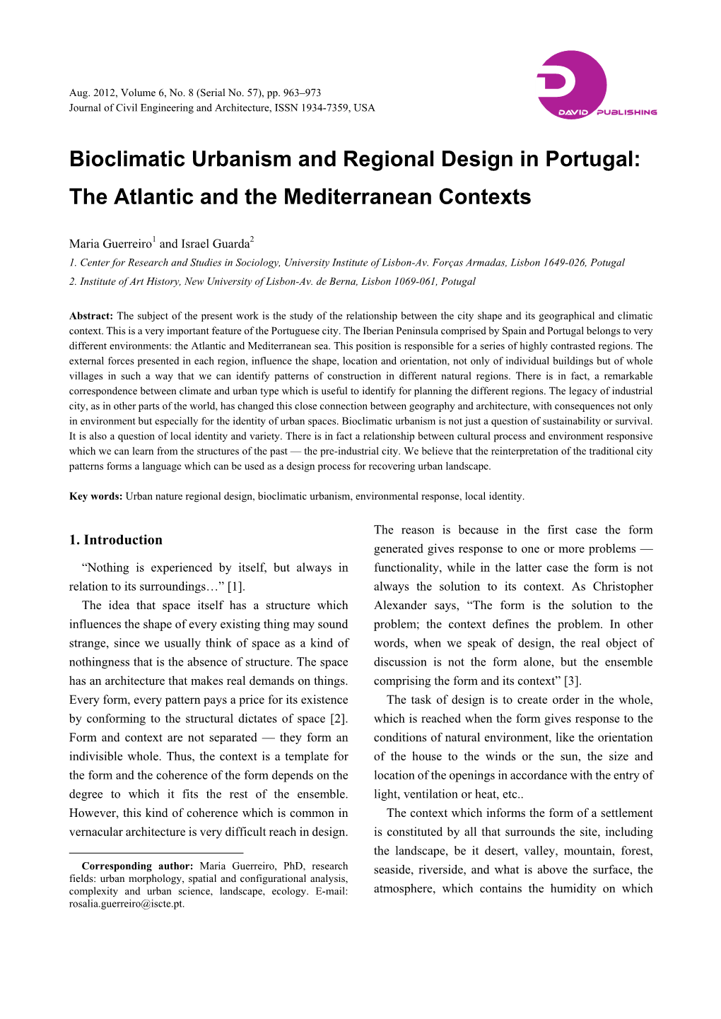 Bioclimatic Urbanism and Regional Design in Portugal: the Atlantic and the Mediterranean Contexts